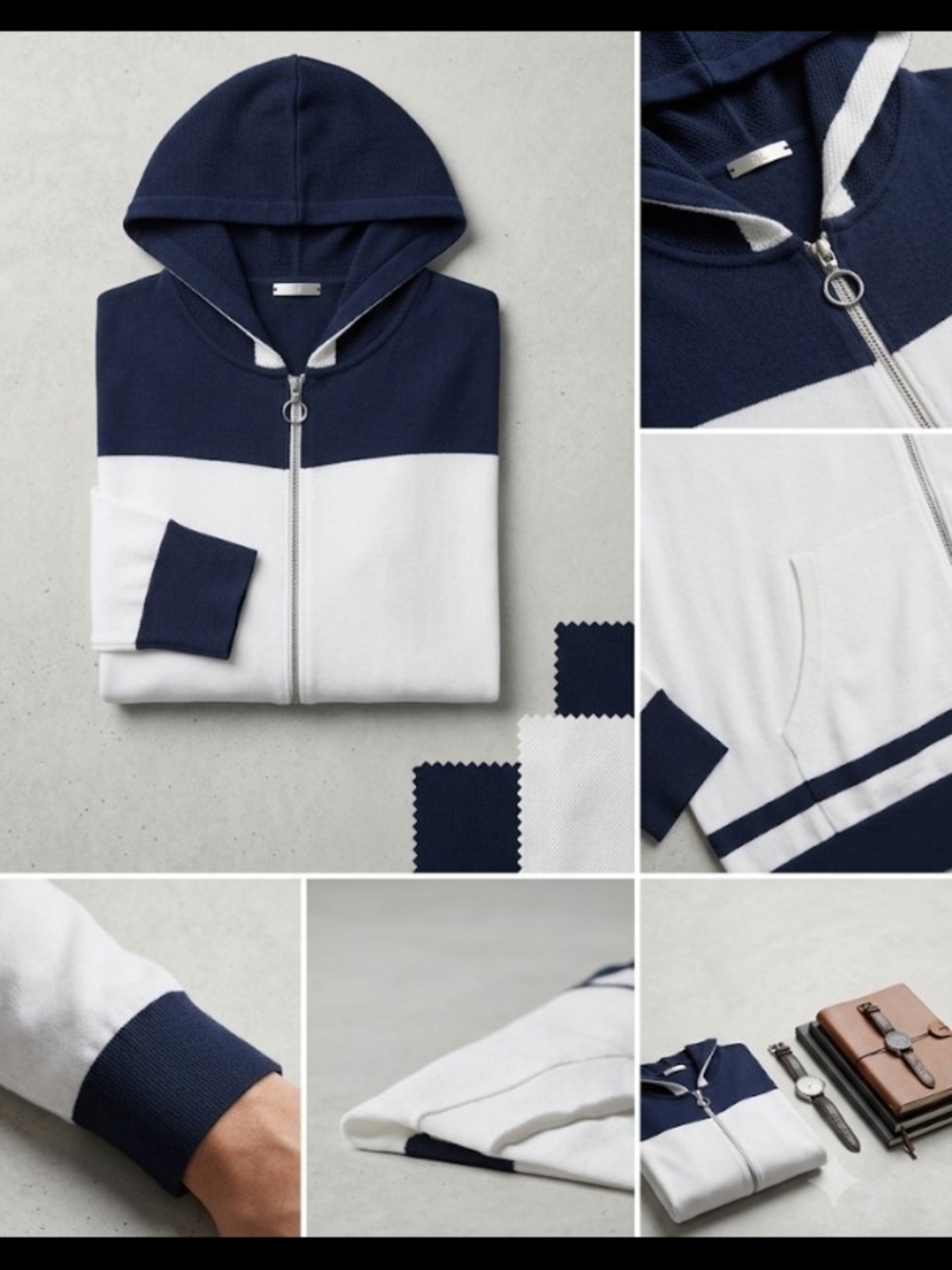 Olsen "Cora" Navy White 3/4 Sleeve Zip Up Hooded Knit Sweater (Sz 10) Nautical